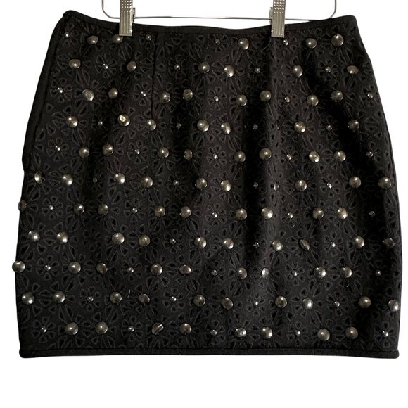 Catherine Malandrino Black Embellished Silver Studded Cutout Mini Skirt Size 8 - Picture 2 of 8
